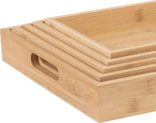 Vista 4 de Bandeja de bambú para servir decoración de bambú – Bandeja de bambú de desayuno anidado de cinco piezas – Bandejas de madera para organizar