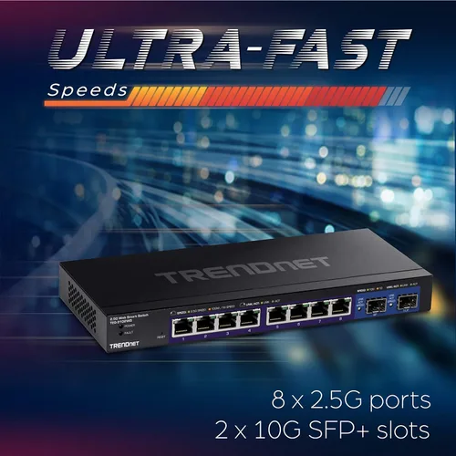 Vista 4 de TRENDnet Conmutador Web Inteligente Multi-Gig de 10 Puertos, TEG-3102WS, 8 Puertos 2.5GBASE-T, 2 Ranuras SFP+ de 10G, Divisor Ethernet, Carcasa