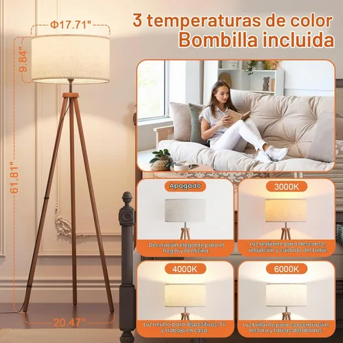 Vista 3 de LiteHistory Lámparas de pie de trípode de madera para sala de estar, dormitorio y oficina, lámpara de pie con pantalla de lino beige, bombilla
