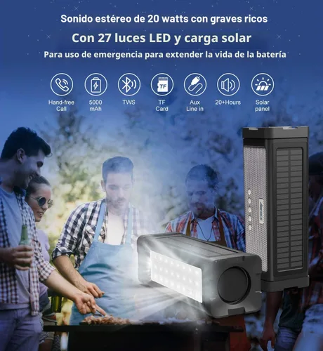 Vista 2 de Altavoz solar Bluetooth, IPX7, impermeable, portátil, de 20 W, con 27 luces LED, batería de 5000 mAh, micrófono, tarjeta TF, para ducha al aire