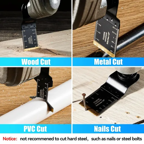 Vista 7 de Hojas de sierra oscilantes, Diagtree 115 piezas de hojas de multiherramienta oscilante de titanio para metal, madera y plástico, compatibles