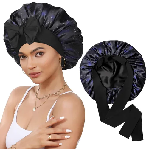 Vista 27 de Gorro de satén de seda para dormir, gorro de seda de doble capa con banda elástica para cabello rizado