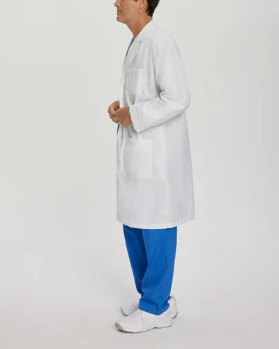 Vista 2 de Landau Abrigo de laboratorio para hombre de 41 pulgadas, longitud completa, 3 bolsillos, color blanco, uniforme médico