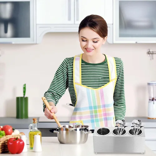 Vista 5 de uxcell Soporte para utensilios de cocina, cilindro de acero inoxidable para cubiertos y utensilios con 3 compartimentos, estante de secado tipo