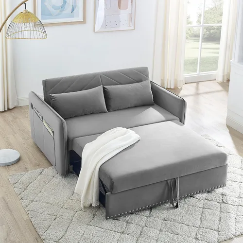 Vista 24 de Sofá cama convertible de terciopelo con respaldo ajustable y enchufe USB, sofá cama extraíble multiposición tamaño individual con 2 almohadas