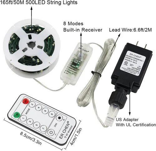 Vista 7 de ER CHEN Tira de luces LED de 165 pies, 500 luces LED estrelladas en cable de cobre verde de 164.0 ft, adaptador de corriente + control remoto
