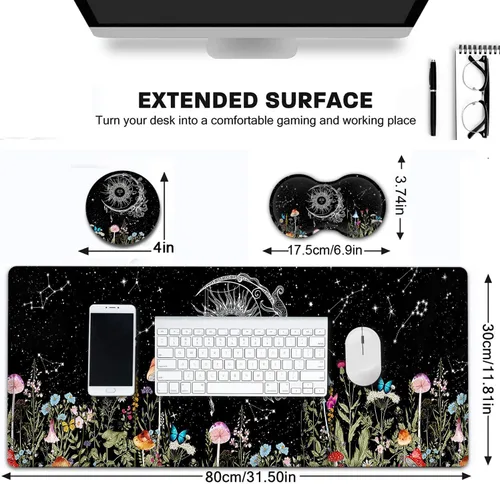 Vista 6 de Alfombrilla de escritorio, alfombrilla grande extendida para mouse con bordes cosidos (31.5 x 11.8 pulgadas), reposamuñecas ergonómico para mouse