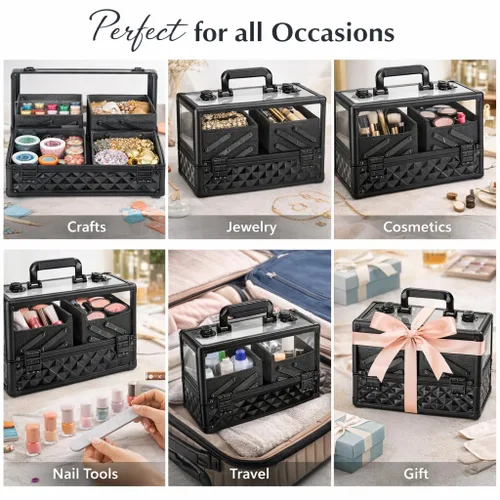 Vista 8 de Ver Beauty Estuche de tren de maquillaje de diamante negro con 6 bandejas de acordeón, organizador de cosméticos con cerradura