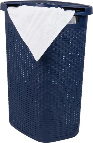 Vista 17 de Mind Reader Cesta de lavandería delgada con tapa, cesta de ropa de 60 L, diseño de mimbre premium, plástico, azul bebé