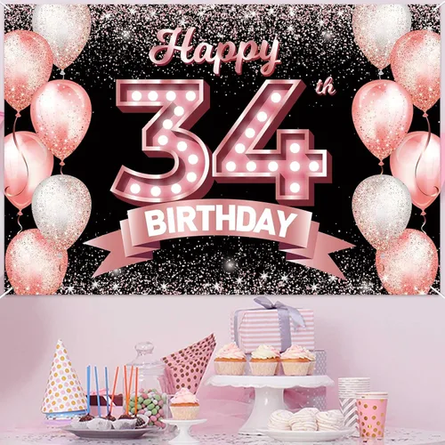 Vista 298 de Cartel de feliz cumpleaños décimo oro rosa, telón de fondo, saludos a 10 años, globos de confeti, decoración temática para niñas de 10 años