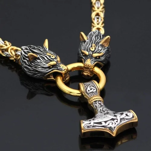 Vista 5 de QZY Cadena de oro y plata con collar Mjolnir, colgante de amuleto vikingo nórdico para hombre, martillo de Thor, cadena bizantina grande, redonda