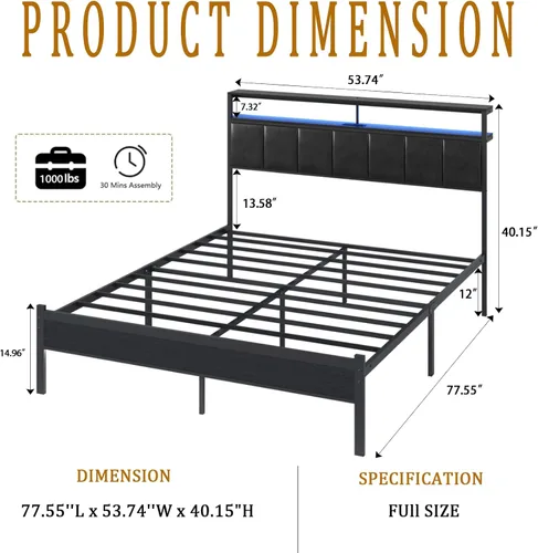 Vista 2 de Marco de cama matrimonial con estación de carga y luces LED, cabecero tapizado en negro con estantes de almacenamiento de 2 niveles, marco de cama