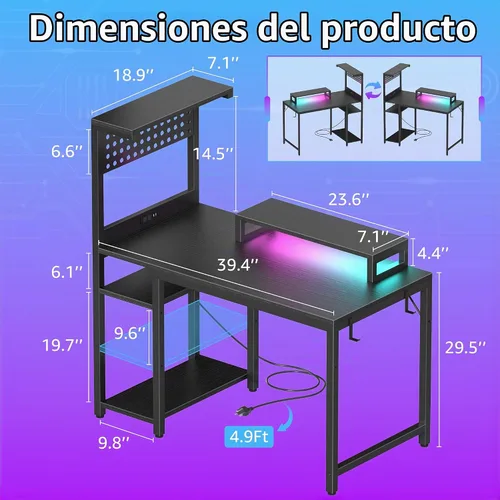 Vista 3 de Escritorio pequeño para juegos de 40 pulgadas con estantes de tablero de clavijas, escritorios para computadora con luces LED, tomas de corriente