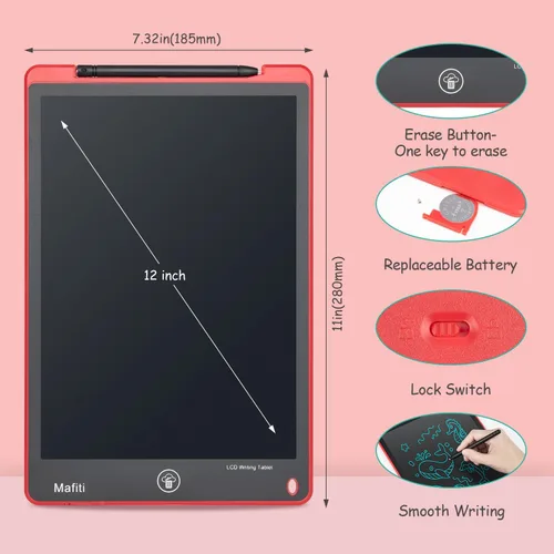 Vista 4 de Mafiti - Tablet de escritura LCD de 12 pulgadas, colorida, blocs electrónicos para escritura y dibujo, pizarra de garabatos para niños y niñas, rojo