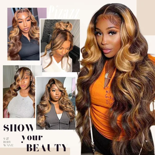 Vista 8 de Pizazz Honey Blonde Lace Front Wigs Human Hair Pre Plucked Natural Hairline 13x4 Glueless Wigs Human Hair 180 Density 4/27 Highlight Body Wave