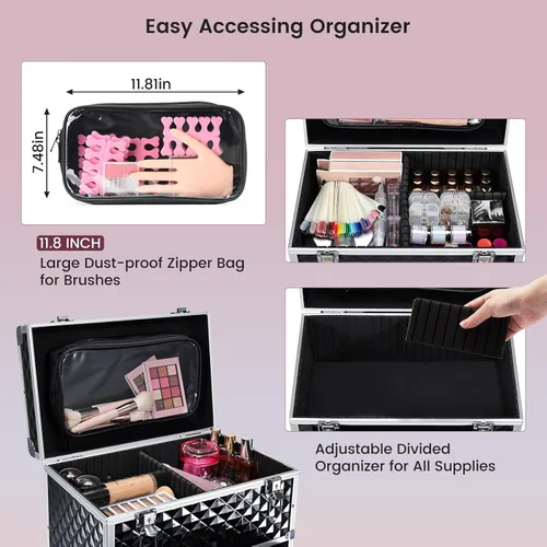 Vista 2 de Estuche de maquillaje profesional con cajón para artistas de maquillaje, estuche de tren cosmético, estuche de almacenamiento grande para técnicos
