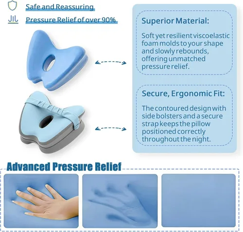 Vista 5 de Almohada de rodilla de espuma viscoelástica para dormir de lado, azul con correa ajustable para alineación de cadera y columna vertebral, alivia