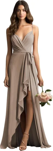 Vista 3 de Zardtina Vestido de dama de honor de gasa con volantes para mujer, vestido formal con cuello en V, vestido de fiesta de noche con cinturón ZA904