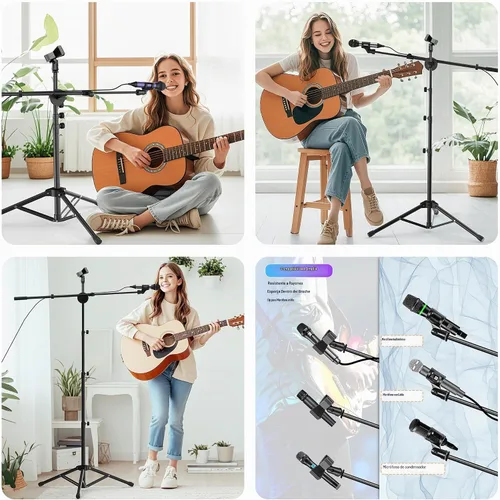 Vista 6 de Soporte de Micrófono de Piso 2 Clips de Micrófono Soportes de Micrófono Plegables Trípode Resistente con Brazo de Boom y Brazo de Micrófono con 2