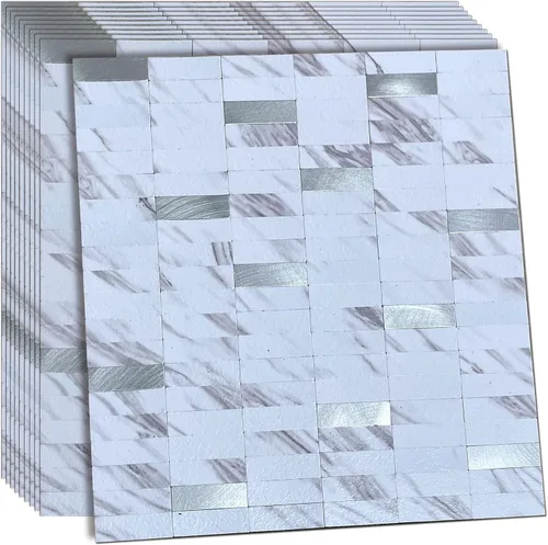 Vista 7 de XUANINY Azulejos de Mosaico de Aluminio Autoadhesivos para Despegar y Pegar, Pegatinas de Azulejos de Pared para Salpicadero de Cocina