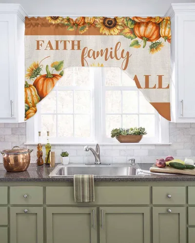 Vista 2 de Cortinas de cocina con cenefa de girasol y calabaza, cenefa con bolsillo para barra, paneles de cortina para dormitorio, sala de estar, baño