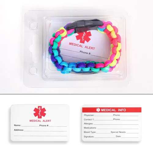 Vista 6 de Pulsera de alerta médica Paracord para hombres y mujeres Pulsera de identificación médica de acero inoxidable con hebillas de liberación lateral