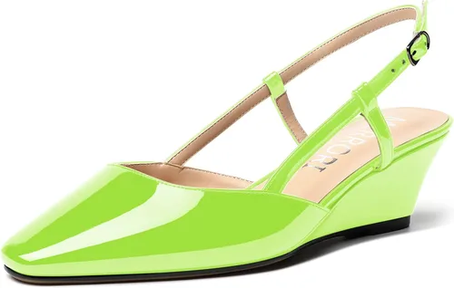 Vista 23 de MERRORI Zapatos de tacón bajo de cuña con hebilla y punta cuadrada para mujer, de patente sólida, de 2 pulgadas Beige