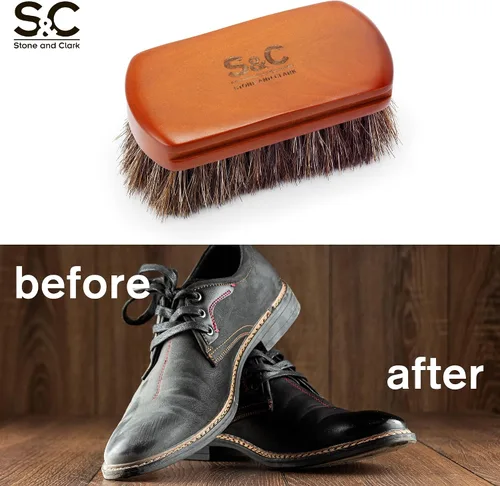 Vista 5 de Mini cepillo de zapatos de 4 pulgadas, cepillo portátil de pelo de caballo con mango de madera natural, cepillo de cerdas suaves para limpiar, pulir