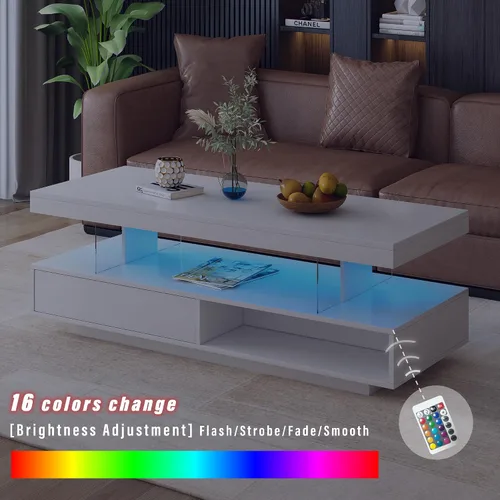 Vista 11 de LUMISOL Mesa de centro rectangular LED con cajón y estante, color blanco