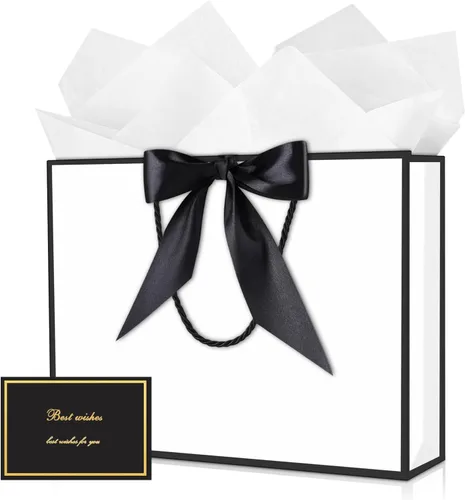 Vista 23 de JMANNI 12 bolsas de regalo de papel de boda con asa, bolsas medianas de regalo de agradecimiento de 13 pulgadas con lazo de cinta, regalos
