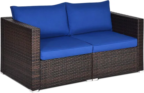 Vista 13 de Tangkula Sofá biplaza de mimbre de 2 piezas, muebles de patio con cojines extraíbles, sofá biplaza de ratán para balcón, terraza, jardín y piscina