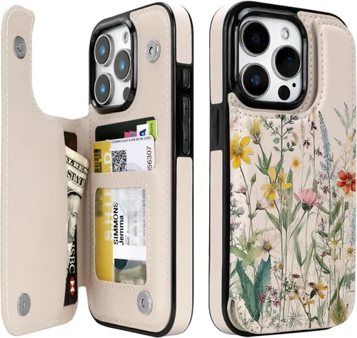 Vista 57 de uCOLOR - Funda tipo cartera para iPhone 15 con tarjetero y diseño de lunares con leche de almendra Bloqueo RFID de piel sintética para mujeres