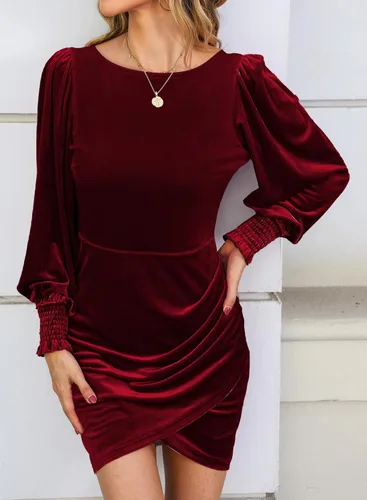 Vista 4 de YIJIU Vestido de terciopelo de manga larga para mujer, cuello redondo, ajustado, corto, fruncido, entallado, para cóctel, fiesta, club, mini vestidos