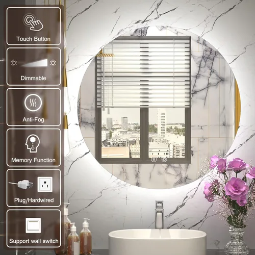 Vista 7 de Espejo LED para baño de 24 pulgadas, 3 temperaturas de color (3000K/4500K/6000K), retroiluminación regulable, antivaho, vidrio HD de 5MM, CRI 90+