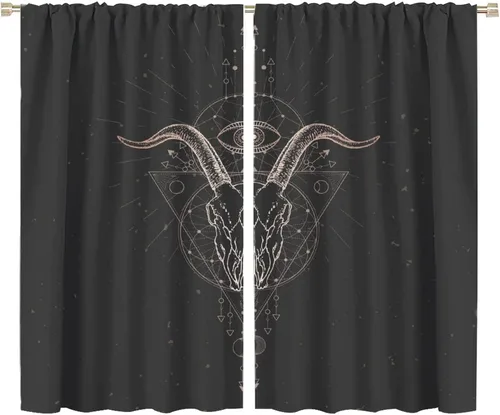 Vista 18 de BAEKJIN Cortinas de cabeza de cabra, diseño de calavera malvada, bruja, símbolo misterioso, bolsillo para barra, cortinas opacas para ventana, juego