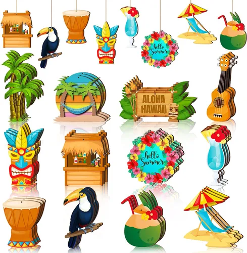Vista 14 de Geelin - 36 adornos colgantes de madera de verano para árbol de Navidad en julio, mini decoraciones de árbol hawaiano, playa, colgante de madera