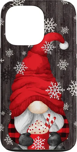 Vista 10 de iPhone 14 Pro Gnomo de Navidad rojo para mujeres con taza de cacao caliente lindo estuche de Navidad