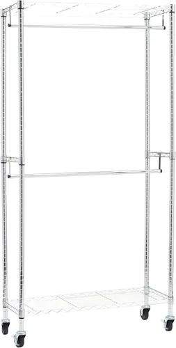Vista 8 de Amazon Basics Perchero ajustable con doble barra, organizador de ropa colgante con ruedas, resistente, 36 x 14 x 72 pulgadas, negro