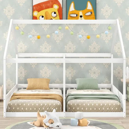 Vista 3 de MERITLINE Marco de cama doble para niños, 2 camas de plataforma de madera tamaño individual con valla, dos camas compartidas con techo, cama