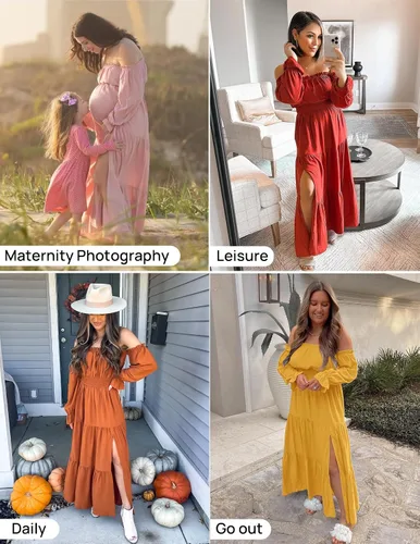 Vista 6 de ZESICA - Vestido largo, bohemio y sexy, con hombros descubiertos y manga larga fruncida, con elástico fruncido, cintura alta y abertura lateral