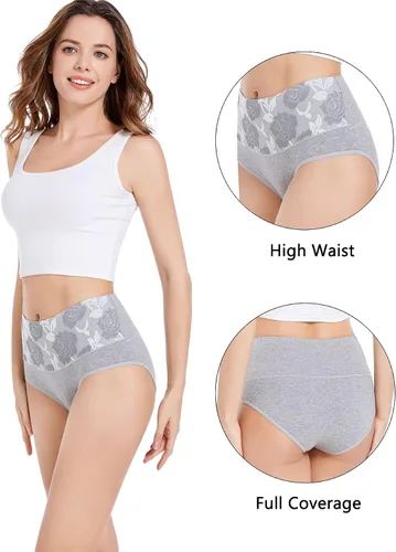 Vista 2 de HAVVIS - Ropa interior de cintura alta y de algodón para mujer, que disimula la barriga, jacquard con rosas, paquete múltiple