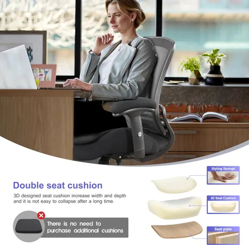 Vista 4 de Silla de redacción de malla para computadora, taburete de escritorio de pie con almohada de apoyo lumbar, reposabrazos ajustable en altura y anillo