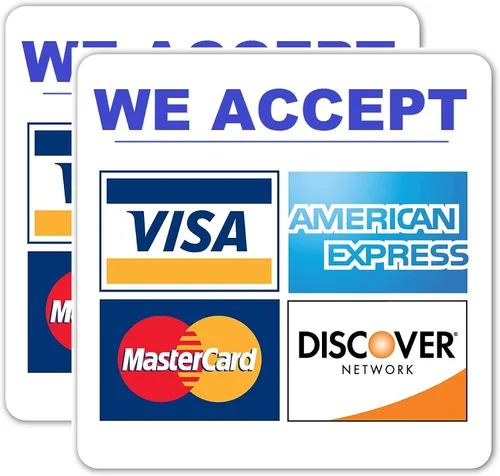 Vista 3 de 2 calcomanías para tarjetas de crédito con texto en inglés «We Accept Major Credit Card», GPay, ApplePay, AmEx MasterCard Visa Discover Payments