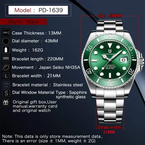Vista 6 de Pagani Design - Reloj clásico mecánico de movimiento japonés automático, impermeable, de acero inoxidable para hombre, Verde