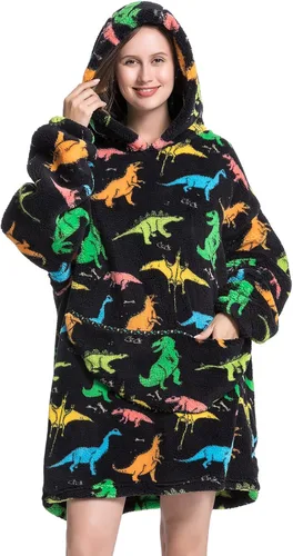 Vista 8 de Manta con capucha, sudadera de gran tamaño para adultos, mujeres y hombres, hecha de franela muy suave y cálida, con bolsillo y mangas
