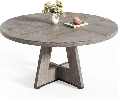 Vista 9 de LITTLE TREE Mesa de comedor redonda para 4-6 personas, mesa de comedor de 47 pulgadas con base de pedestal de madera, mesas de comedor negras, mesas