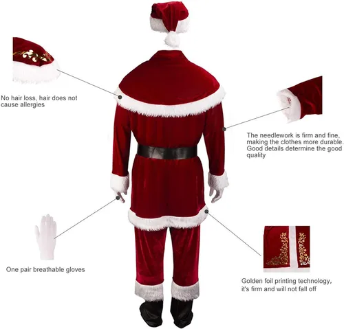 Vista 4 de SWHRIOPD Traje de Papá Noel de lujo para hombre 10 piezas Traje de Papá Noel para adultos disfraz de Navidad y Halloween con guantes