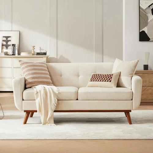 Vista 29 de Juegos de muebles de sala de estar, estándar y otomano, sofás de decoración moderna de mediados de siglo, muebles tapizados con botones, beige