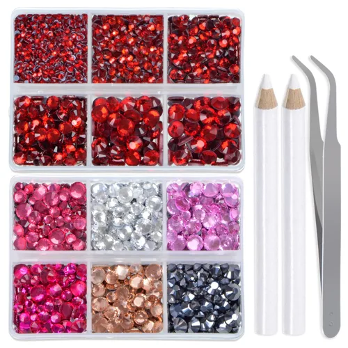 Vista 35 de LPBeads 6400 unidades de diamantes termoadhesivos de 12 colores con parte trasera plana, 5 tamaños mixtos, gemas de cristal redondas con pinzas