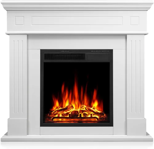 Vista 2 de Chimenea eléctrica con chimenea envolvente de madera, control remoto, llama LED ajustable, chimenea independiente de 750 W/1500 W (blanco perlado)